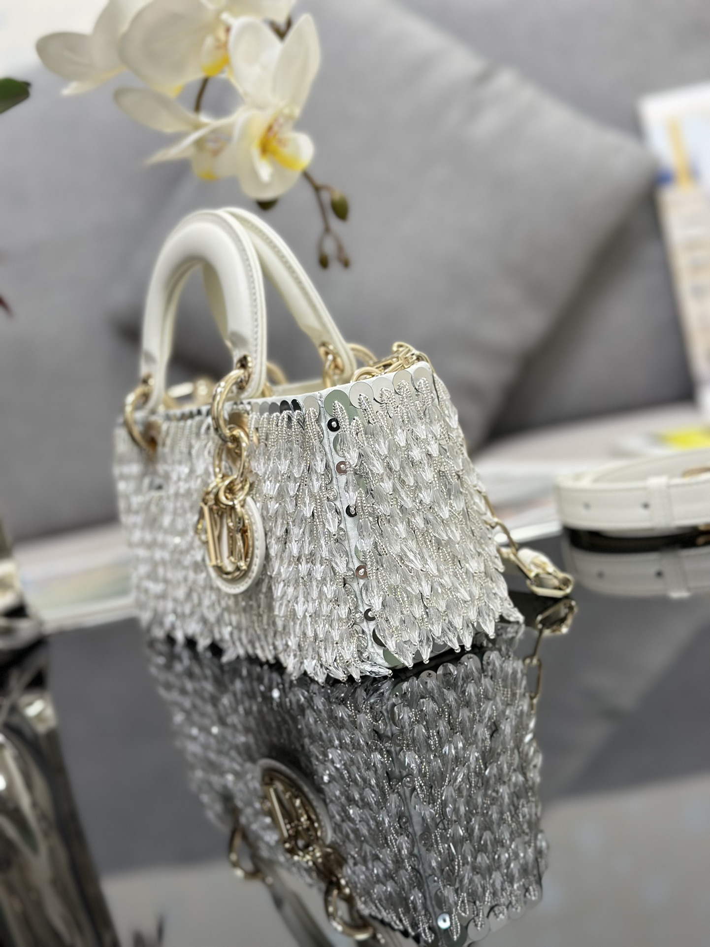 Small Lady D-Joy Bag Beige Satin Embroidered with Silver Beads Tassel